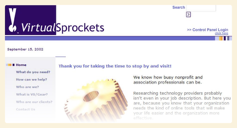 Virtual Sprockets homepage, 2002
